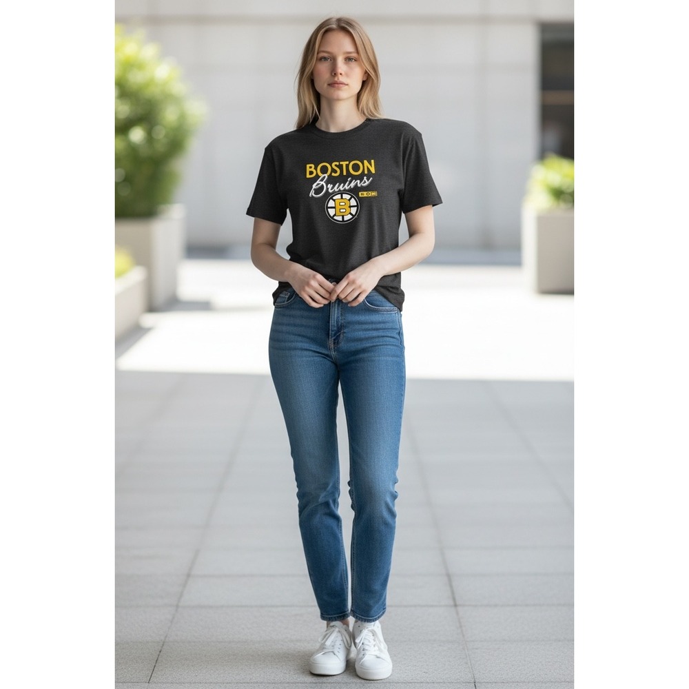 1054 CCM Boston Bruins Womens Cap Sleeve Tee NHL Heathered Black B227W Large NWT